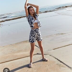 Boden Women's Printed Beach Cardigan & Matching Shorts Linen Blend Navy White